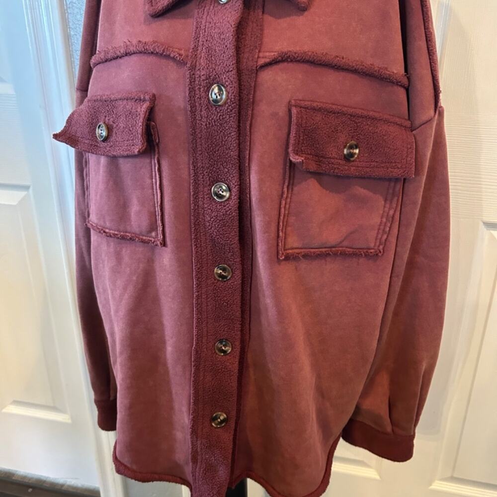 Easel Marsala Rust Mineral Wash Raw Edge Terry Shacket L - Picture 3 of 8